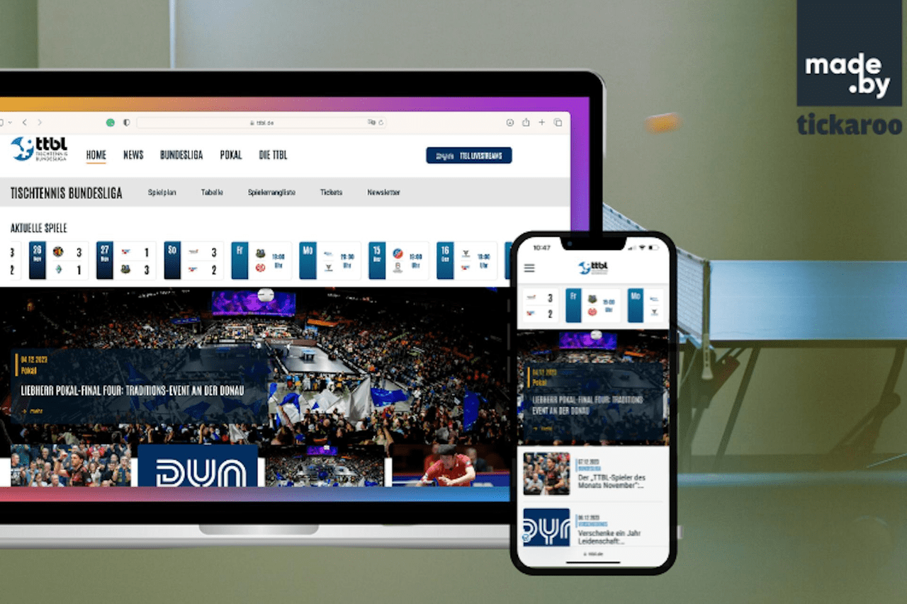 New TTBL Website on a laptop and iPhone. Recent scores, Upcoming games, and tournament information are all easily accessible from the visible Home Page. 