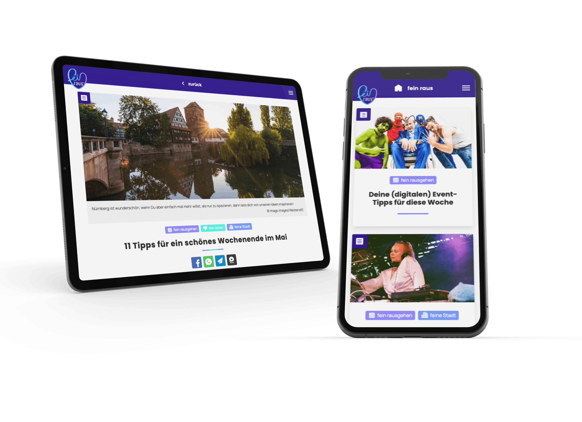 Current events in Nuremberg are displayed on a Tablet on the left and on a smartphone on the right. Multiple events are displayed with a card optic. 