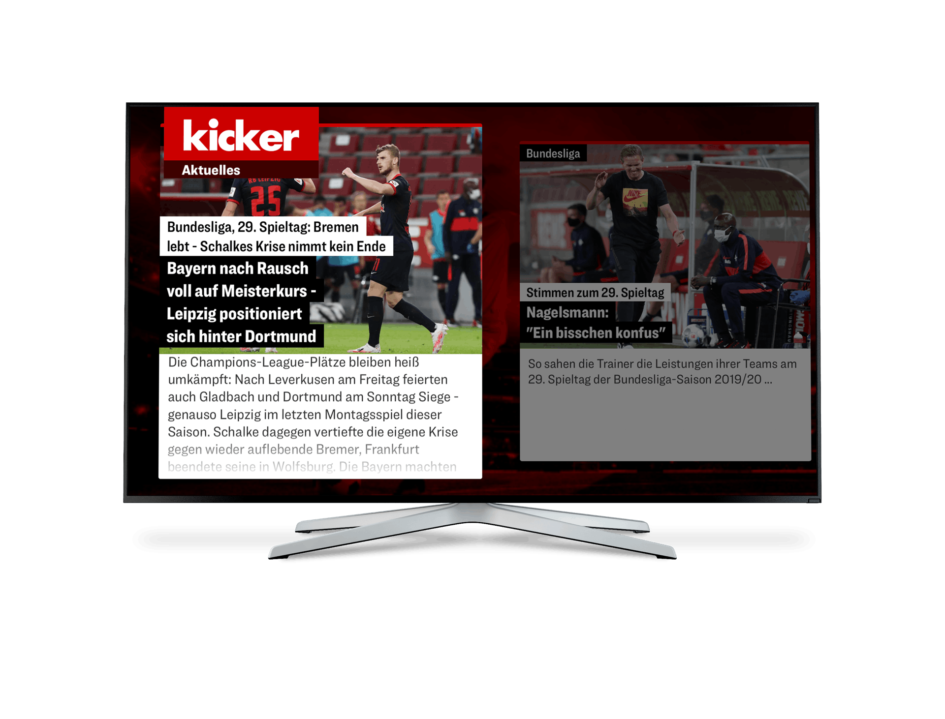 Ein Fernseher mit der kicker Smart TV-App.